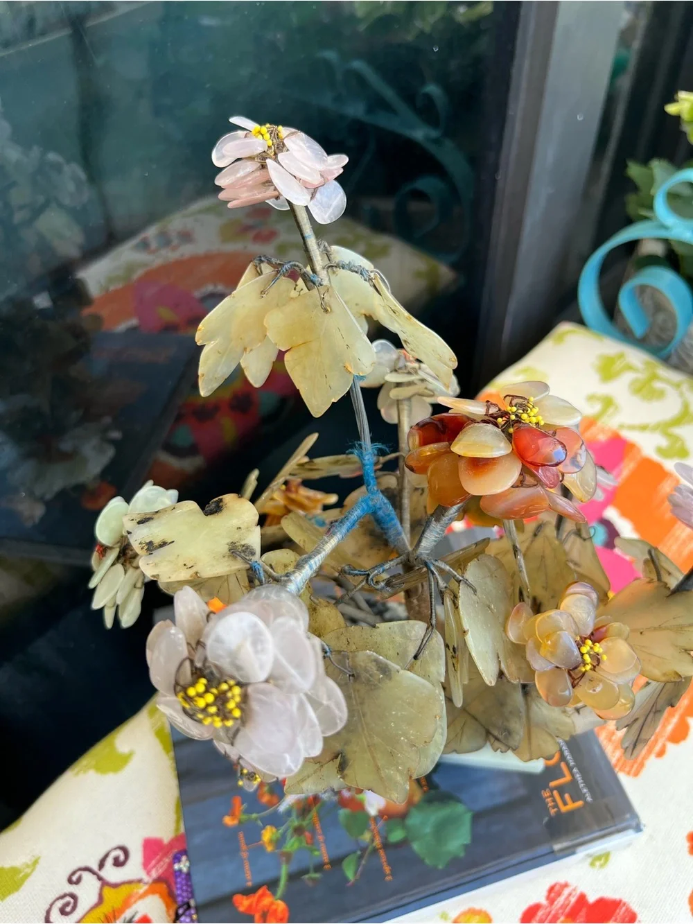 12” Vintage Chinese Gemstone Floral Bonsai Sculpture On Marble Base